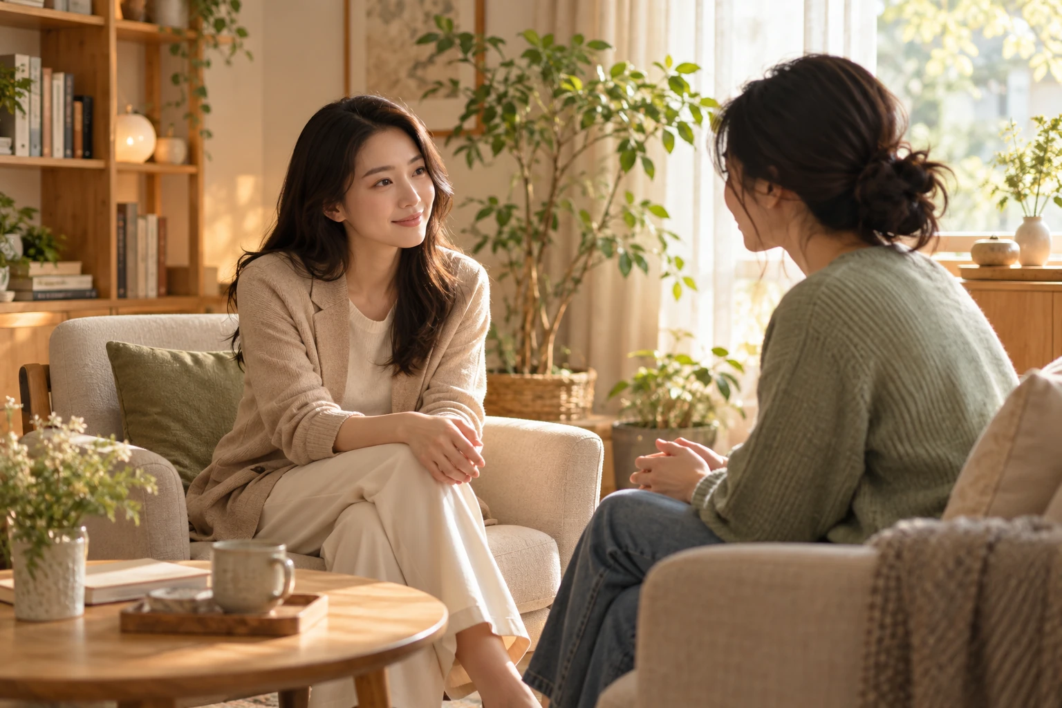 明亮而安静的咨询室里,两位女性平等地交谈