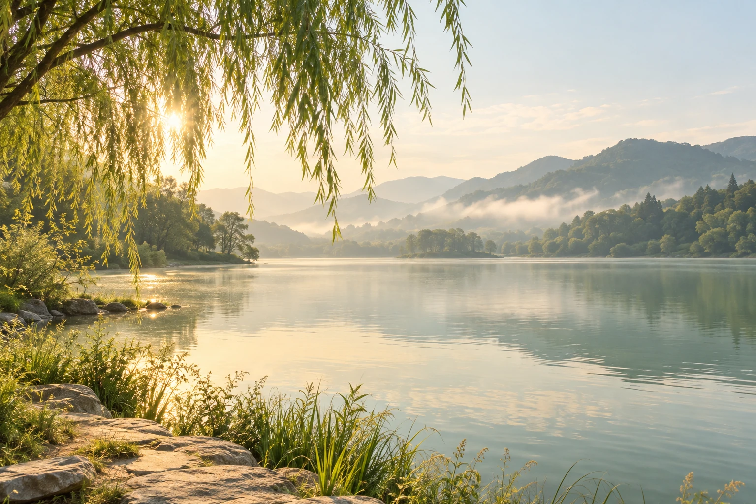 晨光穿过柳枝，照在平静的浅绿湖面上，远处山间浮着薄雾
